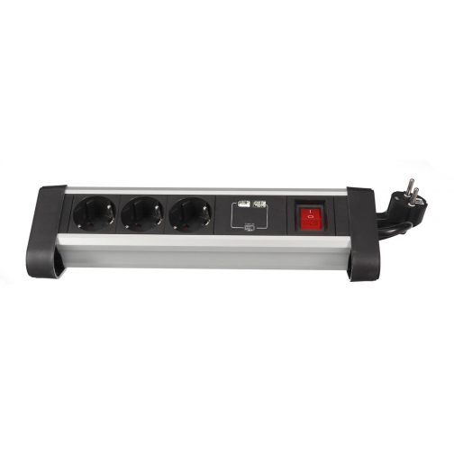 Perel desktop contactdoos met 3 stopcontacten, 2 USB-poorten en schakelaar, zwart, voor Nederland