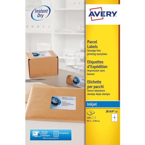 Avery witte etiketten inkjet QuickDry ft 99,1 x 139mm, 100 stuks, doos van 25 vel Met ronde hoeken