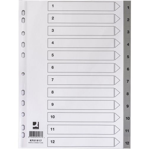 Q-CONNECT tabbladen, A4, PP, 11-gaatsperforatie, met indexblad, set van 1-12, grijs