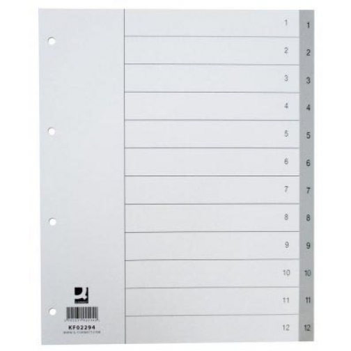 Q-CONNECT numerieke tabbladen, A4, PP, 1-12, met indexblad, grijs