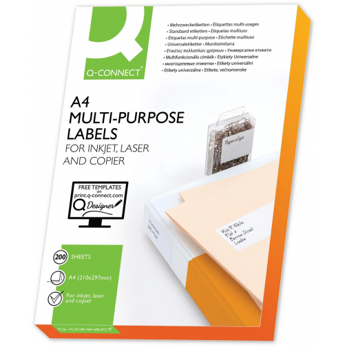 Q-CONNECT etiketten, wit, rechte hoeken, 210 x 297 mm, 200 vel, 1 etiket per vel