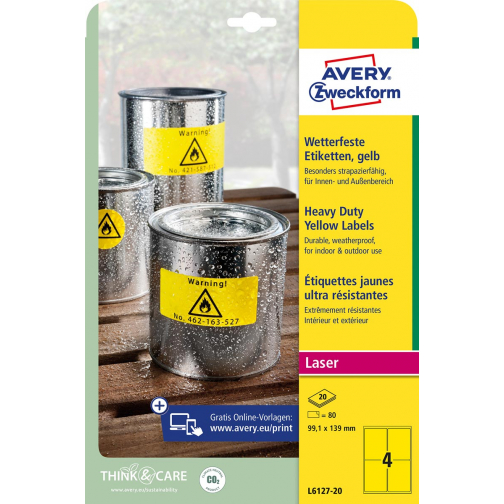 Avery weerbestendige etiketten, ft 99,1 x 139 mm, geel, pak van 80 etiketten