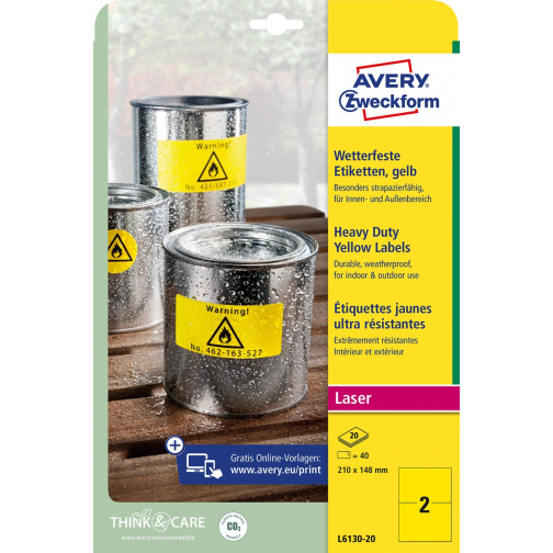 Avery weerbestendige etiketten, ft 210 x 148 mm, geel, pak van 40 etiketten
