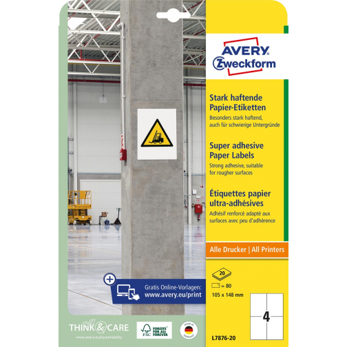 Avery sterk klevende papieren etiketten, ft 105 x 148 mm, pak van 80 etiketten