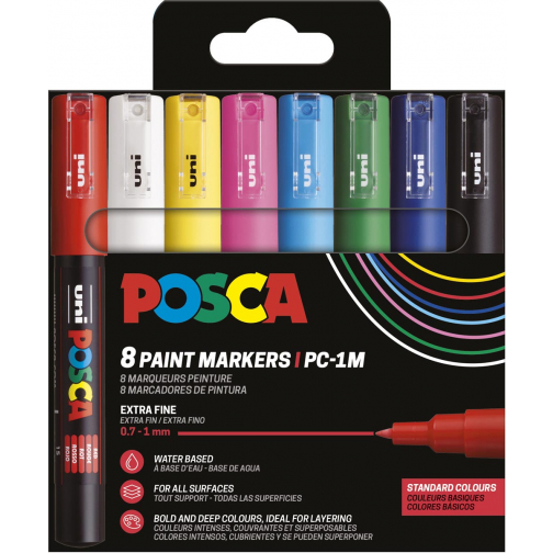 Uni POSCA paintmarker PC-1MC, 0,7 - -1 mm, etui van 8 stuks in geassorteerde basiskleuren