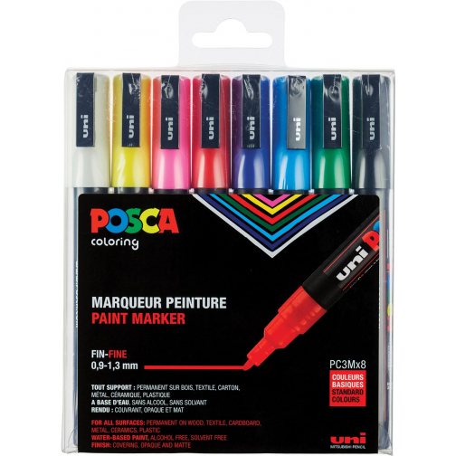 Posca paintmarker PC-3M, set van 8 markers in geassorteerde basiskleuren