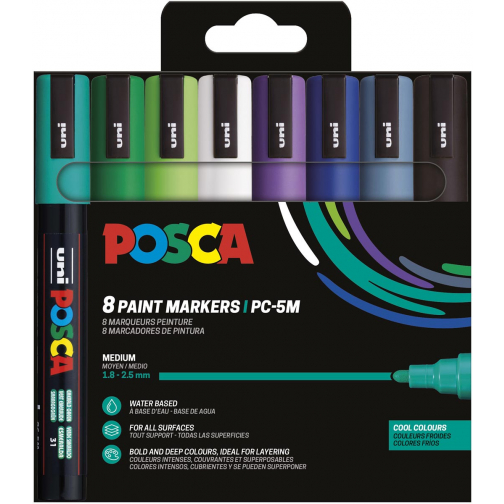 Uni POSCA paintmarker PC-5M, 1,8 - 2,5 mm, etui van 8 stuks in koude kleuren
