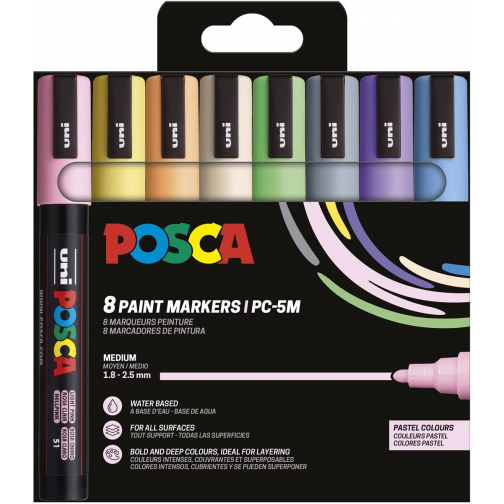 Uni POSCA paintmarker PC-5M, 1,8 - 2,5 mm, etui van 8 stuks in pastelkleuren