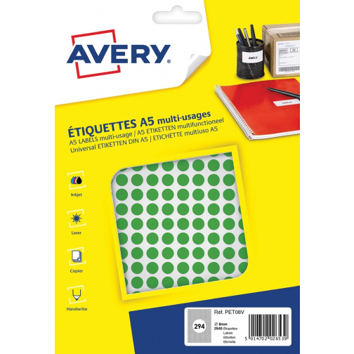 Avery PET08V ronde markeringsetiketten, diameter 8 mm, blister van 2940 stuks, groen