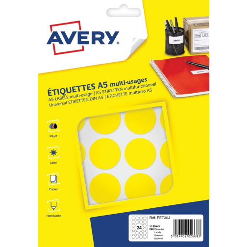 Avery PET30J ronde markeringsetiketten, diameter 30 mm, blister van 240 stuks, geel