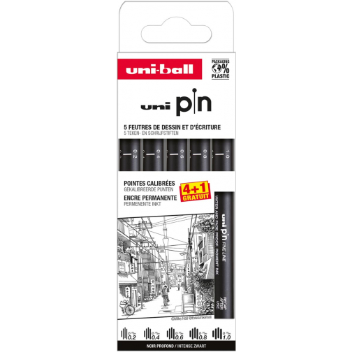 Uni Pin fineliner, gekalibreerde punten, zwart, 0,2-0,4-0,6-0,8-1,0 mm, blister van 4 + 1 gratis
