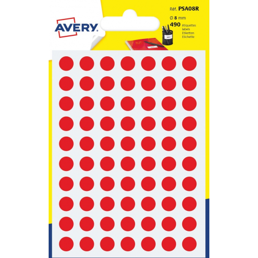 Avery PSA08R ronde markeringsetiketten, diameter 8 mm, blister van 490 stuks, rood