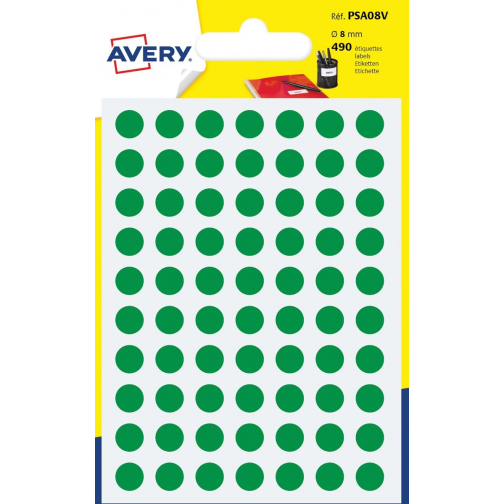Avery PSA08V ronde markeringsetiketten, diameter 8 mm, blister van 490 stuks, groen
