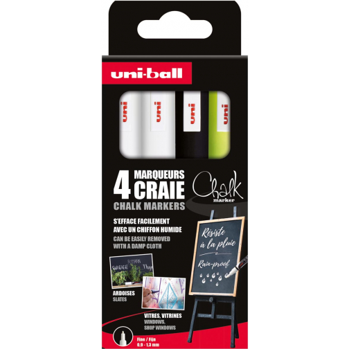 Uni-ball krijtmarker, ronde punt van 0,9-1,3 mm, etui van 4 stuks, assorti
