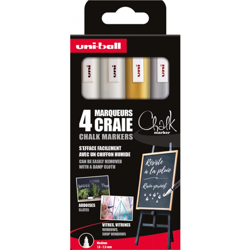 Uni-ball krijtmarker, ronde punt 1,8 - 2,5 mm, etui van 4 stuks, assorti