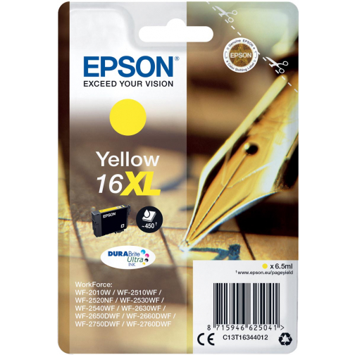 Epson inktcartridge 16XL, 450 pagina's, OEM C13T16344012, geel