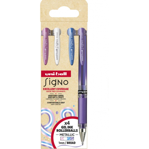 Uni-ball roller Signo Broad Creative, brede punt, etui van 4 stuks: roze, wit, blauw, paars