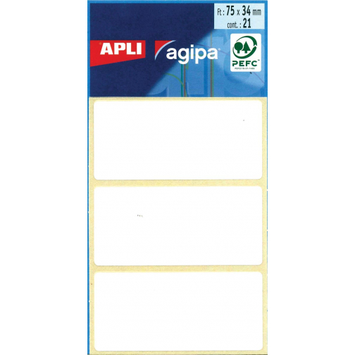 Agipa witte etiketten in etui ft 34 x 75 mm (b x h), 21 stuks, 3 per blad