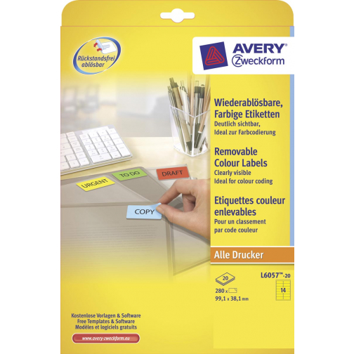 Avery afneembare gekleurde etiketten ft 99,1 x 38,1 mm (b x h), 280 stuks, 14 per blad, geel