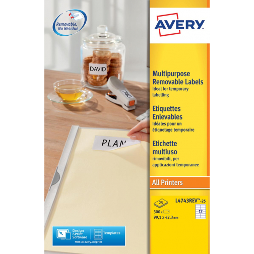 Avery L4743REV-25 afneembare etiketten ft 99,1 x 42,5 mm (b x h), 300 etiketten, wit
