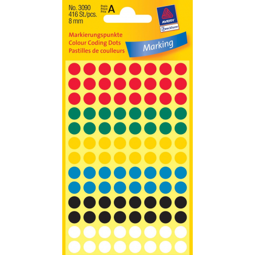 Avery Ronde etiketten diameter 8 mm, geassorteerde kleuren, 416 stuks