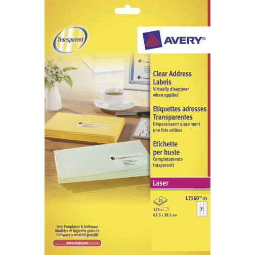 Avery L7560-25 adresetiketten ft 63,5 x 38,1 mm (b x h), 525 etiketten, transparant