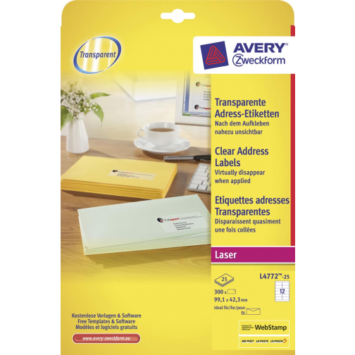 Avery transparante etiketten QuickPEEL ft 99,1 x 42,3 mm (b x h), 300 stuks, 12 per blad