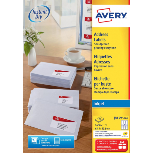 Avery witte etiketten QuickDry ft 63,5 x 33,9 mm (b x h), 2.400 stuks, 24 per blad