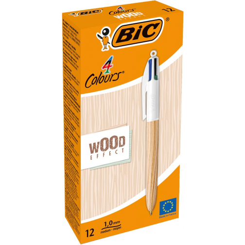 Bic Colours Wood Style, 4-kleurenbalpen, medium, klassieke inktkleuren
