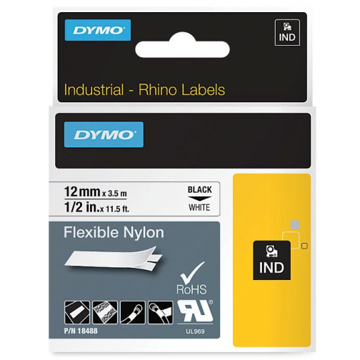 Dymo RHINO flexibele nylontape 12 mm, zwart op wit