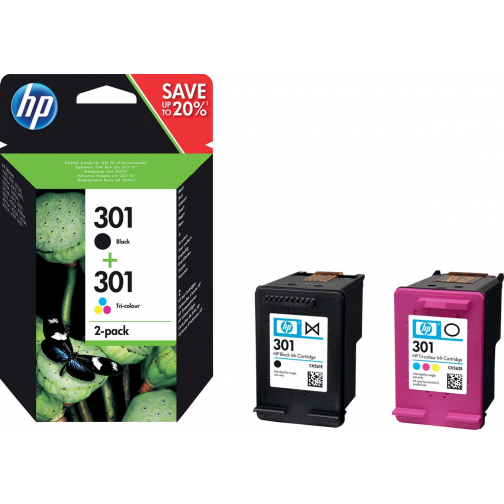 HP inktcartridge 301, 165-190 pagina's, OEM N9J72AE, 1x zwart en 1 x 3 kleuren