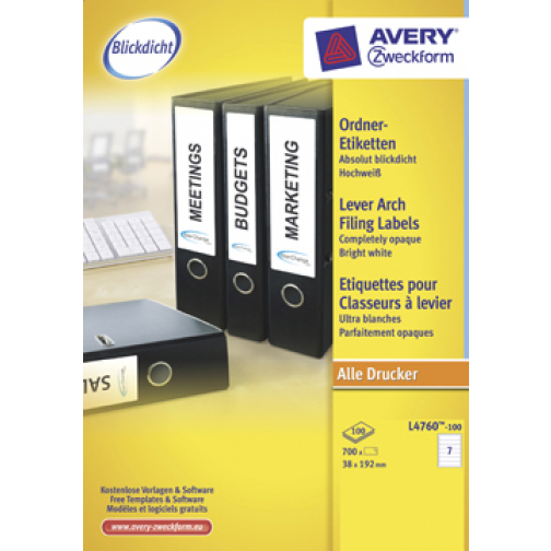 Avery Zweckformft L4760-100 ordnerrugetiketten ft 192 x 38 mm (b x h), 700 etiketten, wit