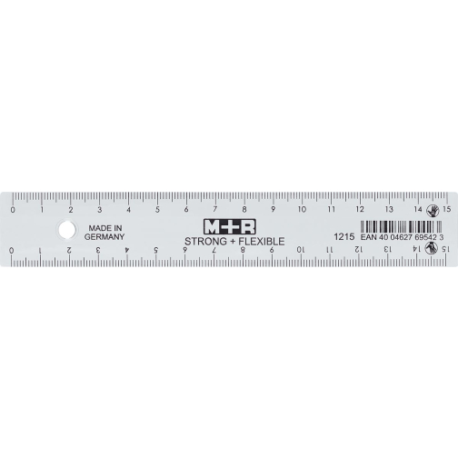 M+R Strong & Flexibel lat, met schaalverdeling voor recht- en linkshandigen, 15 cm, transparant