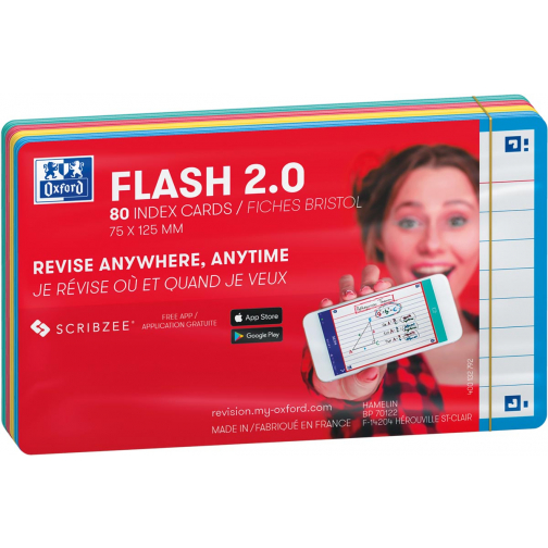 Oxford Flash 2.0 flashcard starterkit, gelijnd, A7, assorti, pak van 80 vel
