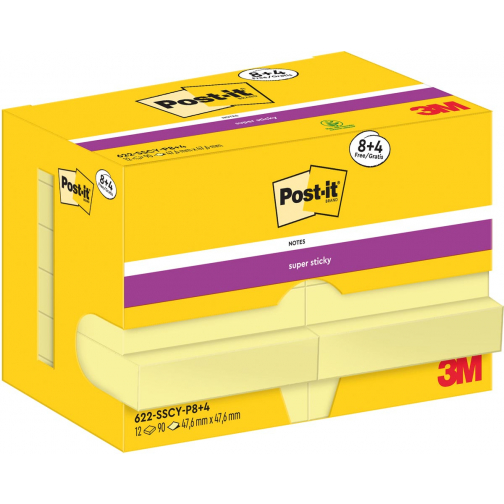 Post-It Super Sticky Notes, 90 vel, ft 47,6 x 47,6 mm, geel, 8 + 4 GRATIS