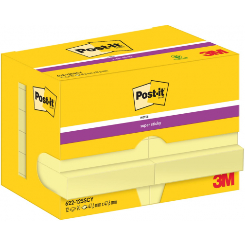 Post-It Super Sticky Notes, 90 vel, ft 47,6 x 47,6 mm, geel, pak van 12 blokken
