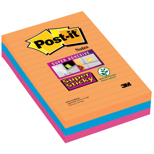 Post-it Super Sticky Notes XXL Boost, 90 vel, ft 101 X 152 mm, gelijnd, geassorteerde kleuren, pak van 3
