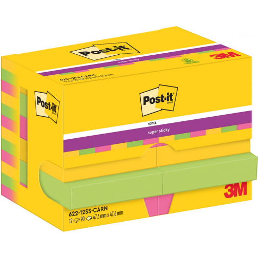 Post-It Super Sticky Notes Carnival, 90 vel, ft 47,6 x 47,6 mm, pak van 12 blokken