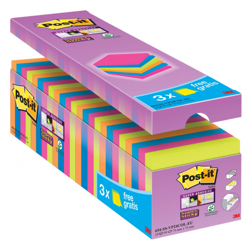Post-it super Sticky notes, 90 vel, ft 76 x 76 mm, geassorteerde kleuren, pak van 21 blokken + 3 gratis