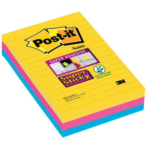 Post-it Super Sticky notes XXL Carnival, 90 vel, ft 101 X 152 mm, gelijnd, geassorteerde kleuren, pak van