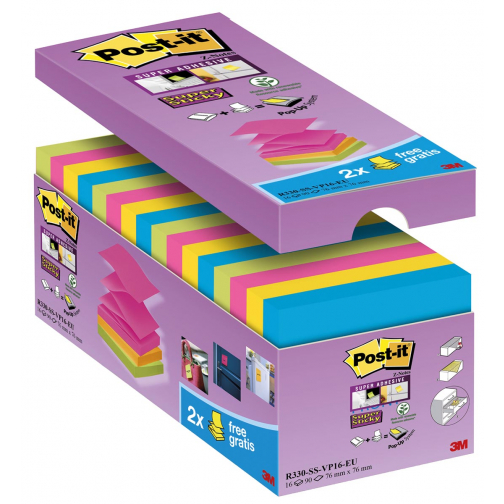 Post-it Super Sticky Z-notes, 90 vel, ft 76 x 76 mm, doos van 14 + 2 gratis, geassorteerde kleuren