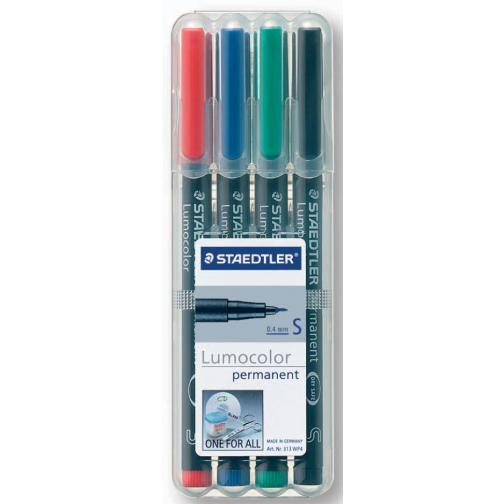 Staedtler Lumocoler 313, OHP-marker, permanent, 0,4 mm, etui van 4 stuks in geassorteerde kleuren
